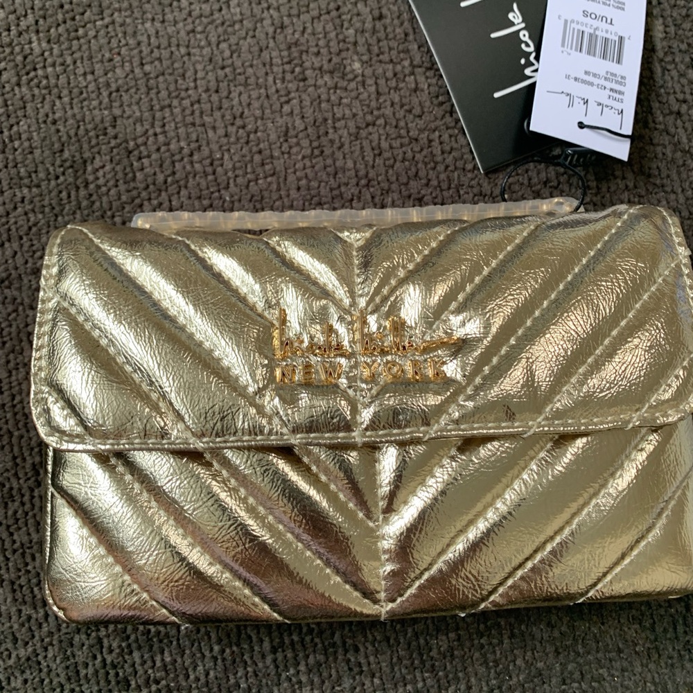 Nicole Miller Shoulder Bag Gold Quilted Logo Chain Strap Crossbody Purse NWT🌴